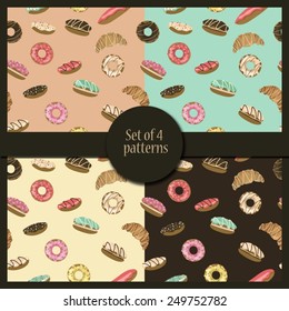 Set of four pastry. Donuts, eclairs, croissants, macaroons. Vector illustrations