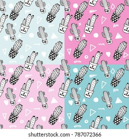 Set a four pattern. Seamless vector pattern with cactus isolated on an colorful background. Can be used for scrapbooking, paper, fabric, fashion, clothes, T-shirt, curtains, web