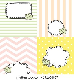 set of four patterned cards with empty text bubbles and cartoon paper ship, childish tag design