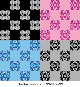 Set four patterns with blue pink grey and black circular decorations