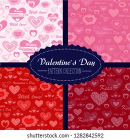 A set of four patterns depicting white and burgundy hearts for Valentine's Day. Set of romantic and cute backgrounds.