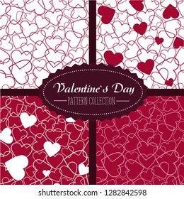 A set of four patterns depicting white and burgundy hearts for Valentine's Day. Set of romantic and tender backgrounds.