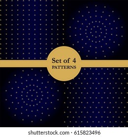 A set of four patterns for design. Asian gold ornaments on a blue background.