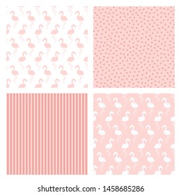 Set of four patterns with flamingo birds, hearts and stripes
