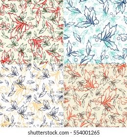Set of four patterns with hand drawn Holly