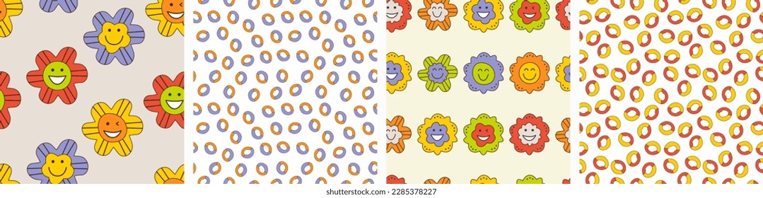 Set of four patterns, happy flowers. Repeatable texture, multipurpose use, bright floret, abstract colorful background design
