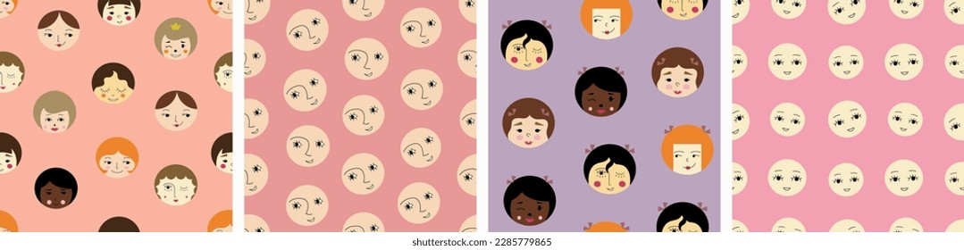 Set of four patterns, nice girlish faces. Repeating texture, woman guise, continuous design with creative shapes.