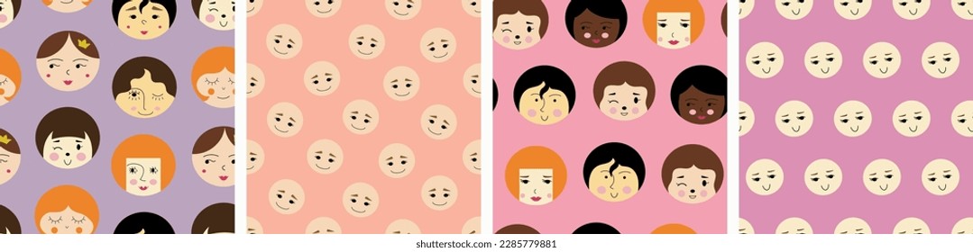 Set of four patterns, pleasant girlish faces. Seamless texture, woman appearance, simple design for branding, fabric.