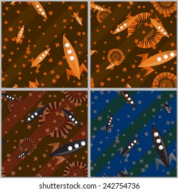 Set of four patterns with rockets and space objects