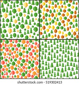 Set of four patterns. Seamless background with different trees and bushes
