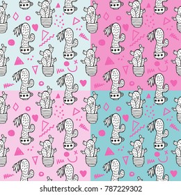 Set of four patterns. Seamless vector pattern with cactus isolated on an colorful background. Can be used for scrapbooking, paper, fabric, fashion, clothes, T-shirt, curtains, web