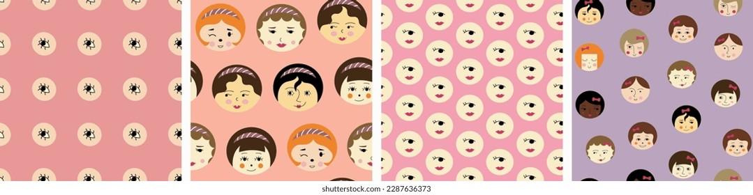 Set of four patterns, young girlish faces. Bright repeatable background, women visage, cute creative surface design
