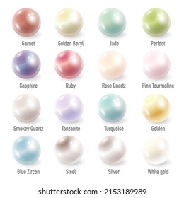 Set of four pearls different colors isolated on white background. Luxury jewel design elements for different wallpapers and illustrations