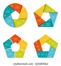 Set of four pentagonal infographic diagrams with 5 options. Isolated paper sequence banners for tutorial. EPS10 progress steps templates.