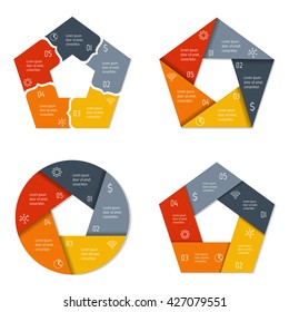 Set of four pentagonal infographic diagrams with 5 options. Isolated paper sequence banners for tutorial. EPS10 progress steps templates.