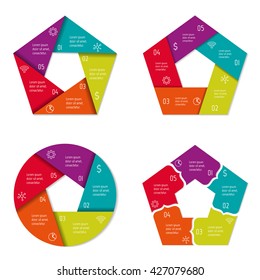 Set of four pentagonal infographic diagrams with 5 options. Isolated paper sequence banners for tutorial. EPS10 progress steps templates.