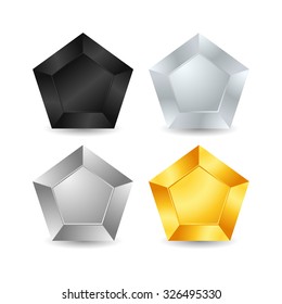 Set of four pentagons in different metal colors for rating buttons or infographic. Vector illustration