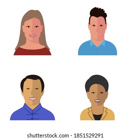 Set of four people different races. Faces avatars on the topic of business, education. Vector illustration in flat style.