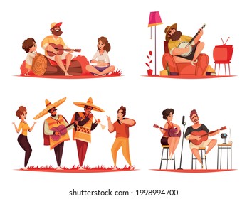 Set of four people playing guitar compositions with characters of musicians of different genre and culture vector illustration