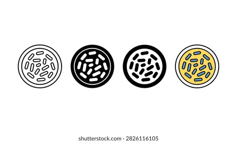 Set of four petri dish icons with bacterial culture colonies in various artistic line and color styles