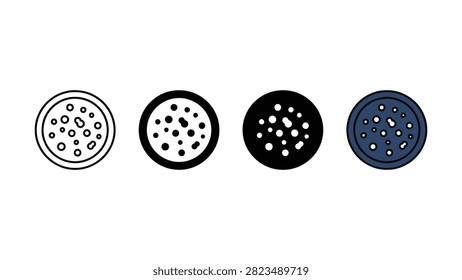 Set of four petri dish laboratory icons featuring bacteria colonies in various graphic styles