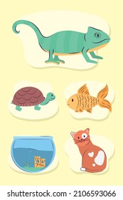 set of four pets and fishbowl