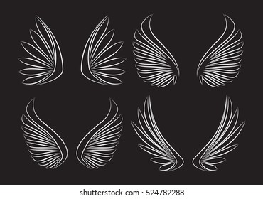 Set of four piar outlined stroke vector wings on black background