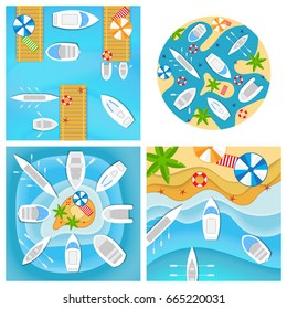 Set of four pictures with boats and yachts. Sea wooden pier and tropical island with palm trees. Top view design for flyer and brochure, postcard, banner, poster, broadsheet. Vector illustration.