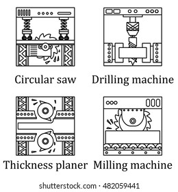 Set of four pictures of industrial machines. Black contour on white background. Logo, emblem, a symbol for the locksmith or carpenter's workshop. Vector Illustration