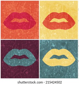 Set of four pictures of lips in Pop Art style. Different colors, vector.