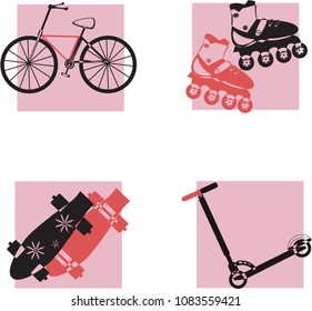 Set of four pictures on a pink background: bike, roller, skateboard and scooter