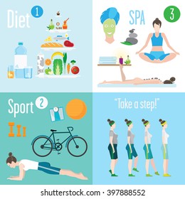 Set of four pictures. They are about losing weight by fitness, proper nutrition, diet, spa, massage, exercising. It's a big motivation to do something because it can help your body to look better.
