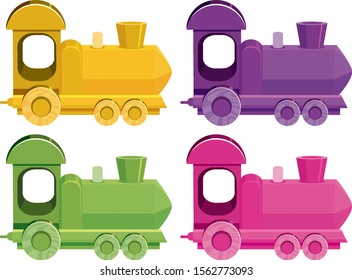 Set of four pictures of trains in different colors illustration