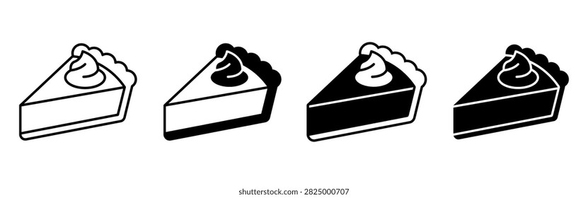 A set of four pie slice illustrations ranging from simple line art to solid black silhouettes with whipped cream toppings