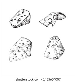 A set of four pieces of cheese, drawn by hand on paper, in the form of a contour, on a  white background, a design element of the menu card, labels.


