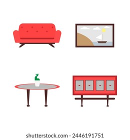 A set of four pieces of furniture, namely a painting of a boat, a sailboat, a red sofa, a mirror cabinet, a dining table and a flower pot, an ottoman, simple style illustration, hand drawing svg