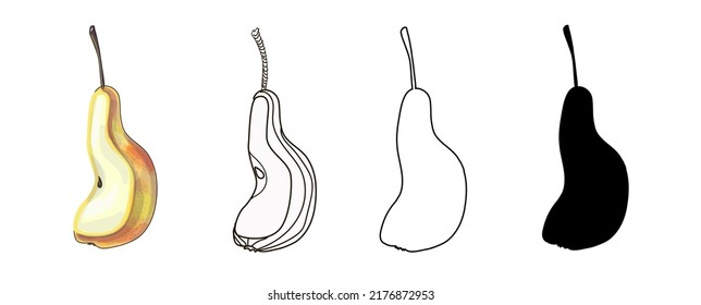 Set of four pieces of pears - cartoon style, black silhouette, doodles and outline. Vector illustration, isolated on white background
