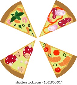 Set of four pieces of pizza. Different tastes of pizza. Menu, recipe, cafe design.