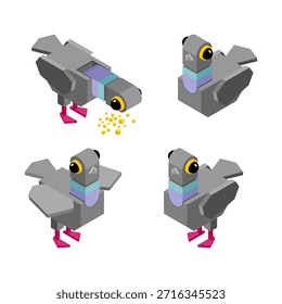 Set of four pigeons in flight, rendered in an isometric vector style. Modern perspective design for city and nature scenes.