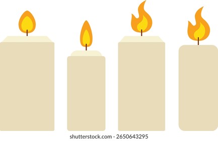 Conjunto de velas de quatro pilares com chamas em várias formas - design de vetor plano para projetos temáticos festivos, spa e relaxamento