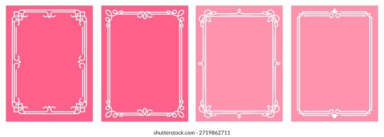 Conjunto de quatro modelos de fundo cor-de-rosa com bordas decorativas brilhantes. Coleção de quadros verticais vetoriais para história de mídia social ou cartão de saudação. Eps10