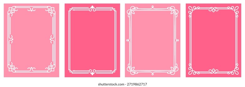 Set of four pink background templates with decorative shiny borders. Collection of vector vertical frames for social media story or greeting card.