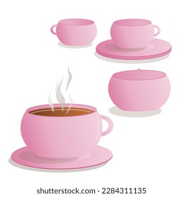 Un conjunto de cuatro tazas y platillos rosas. Una de las tazas contiene café caliente.