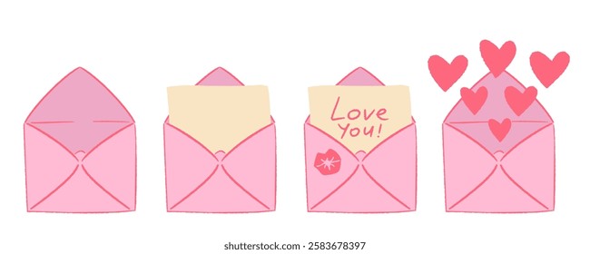 Set of four pink envelopes with love-themed elements: opening envelope, a letter with "Love You!" text, a kiss mark, and flying hearts. Cute and romantic hand drawn vector illustration