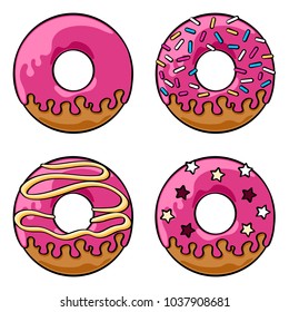 Set aus vier rosa Glasten mit Eis und Sprinklen. Farbige Linienzeichnung. Vektorillustration-Grafik. Bearbeitbare Formen der Vektorillustration.