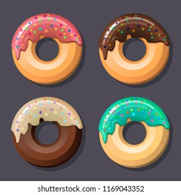 Set of four pink glazed donuts with icing and sprinkles. Coloured line art drawing. Vector graphics illustration. Editable vector shapes.