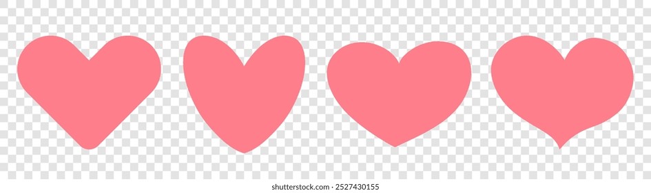 A set of four pink hearts of different shapes on a transparent background. Red heart stickers. The concept of February 14th. Vector EPS 10.