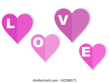 set of four pink paper hearts with the word love isolated on white background, valentine vector concept