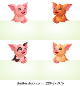 The set four pink, red, yellow and paint lovely pig with white banner or a poster isolated on white background. A vector illustration in cartoon style