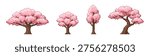 A set of four pink sakura cherry blossom trees in 8-bit pixel art style. High quality vector illustration for games and nature themed designs.
